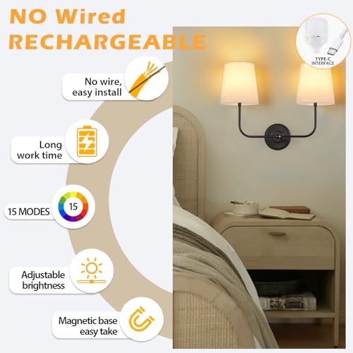 Image of Double-Headed No Hardwired Wall Sconce, Rechargeable Battery-Powered, Remote Controlled, Dimmable, Easy Installation, 5200 mAh, Wall Light Ideal for Bedroom, Living Room, and Ambient Lighting
