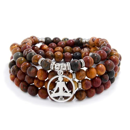 Image of Yoga Charm 108 Mala Zen Buddha Beads Bracelet Necklace for Men or Women (Picasso Jasper)