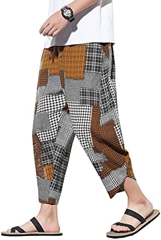 DOSLAVIDA Men's Casual Elastic Waist Linen Capri Pants Wide Leg Baggy Cotton Harem Yoga Trousers Loose Patchwork Shorts Yellow