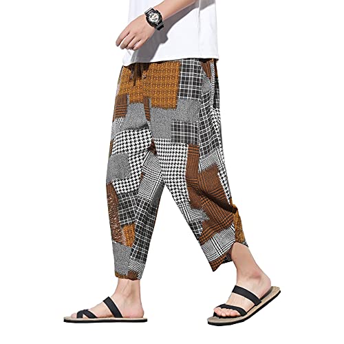 Doslavida Men's Casual Elastic Waist Linen Capri Pants Wide Leg Baggy Cotton Harem Yoga Trousers Loose Patchwork Shorts Yellow #TOP4