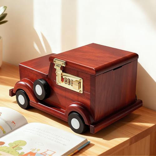 Image of Solid Wood Car Model Piggy Bank Saving Box 9.45''L | Dual Currency Storage | Password Lock Design |Vehicle Collection Desk Cabinet Office Home Decor | Creative Gift Collectible