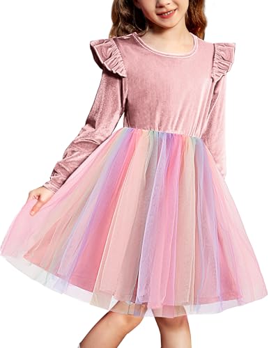 Arshiner Festliches Kleid Mädchen Samtkleid Rosa Festkleid Kleine Kinder Tüllkleid Winter Langarmkleid Hochzeit Prinzessin Partykleid...