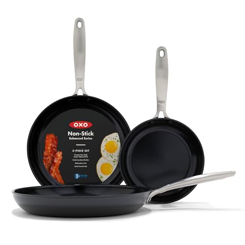 OXO Enhanced, 8' 10' and 12' 3 Piece Frying Pan Skillet Set, Healthy Ceramic Nonstick, PFAS-Free, Stainless Steel Handle, Dishwasher Safe, Oven Safe, Black