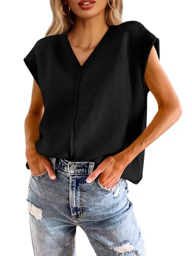 Image of Saodimallsu Women's V Neck Cap Sleeve Lightweight Knit Sweater Top