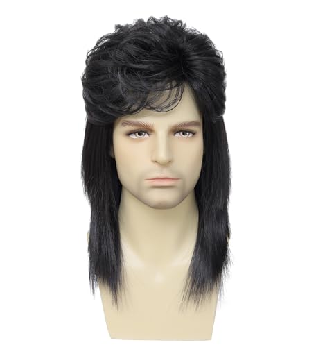Image of Men's Black Mullet Wig 70s 80s Retro Costume Wig for Adult Men Halloween Fancy Dress Party Cosplay Hair Accessory (Black)