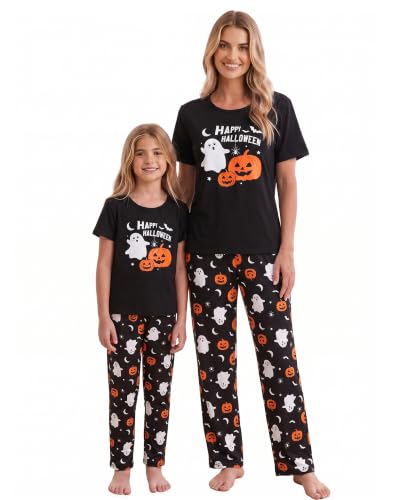 MyFav Halloween Mommy and Me Pajamas Matching Pajamas Mother Daughter Short Sleeve Long Pants Women Sleepwear Black Ghost,L
