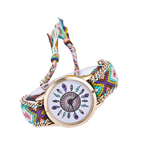jingyuu Reloj de Pulsera Estilo Hippie Reloj de Cuarzo Mujer Diseño de tejiendo Reloj de Pulsera Mujer Patrón de Plumas Reloj de Cuarzo Vintage
