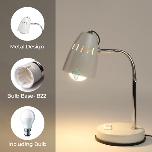 Image of BEHMEK Modern Metal Study Lamp | Adjustable Desk Light for Reading, Study & Office Work | Flexible Neck Table Lamp for Students and Home Office (White)