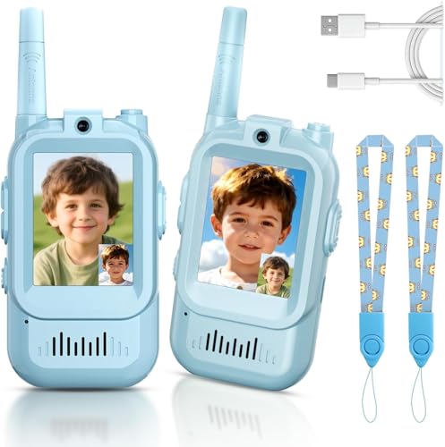 Video Walkie Talkies for Kids Handheld 2 Pack Rechargeable Video Intercom Kids Walkies Talkies Indoor Outdoor Toys for Family Games Outside Camping Hiking for Boys Girls Ages 3-12 (2Blue)