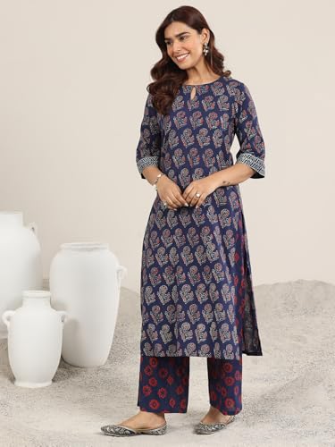 Image of Libas Printed Cotton Straight Kurta With Palazzo and Dupatta