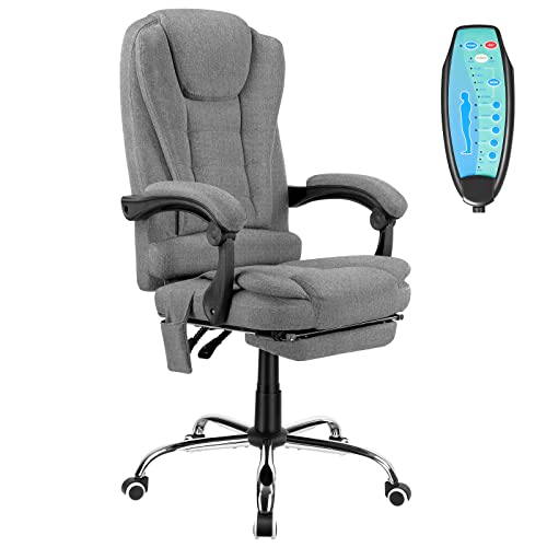 Massage Office Chair with Footrest, Heated Ergonomic Linen Fabric Computer Chair with Lumbar Support, Executive High Back Reclining Office Chair, Height Adjustable, Grey