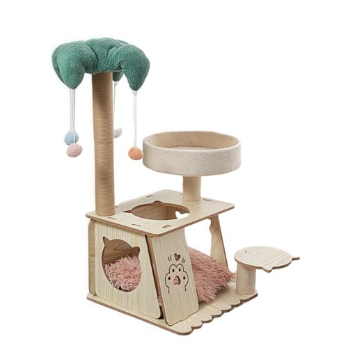 NUOMIE キャットタワー、木製、独立式、猫小屋、サイザル麻柱、大型猫、宇宙船、クリアボウル、大型、安定性高い、猫タワー、猫 ベッド、猫爪とぎ、猫 おもちゃ、省スペース、インテリア性高い、組み立て簡単、猫用品 (B+マット枚)