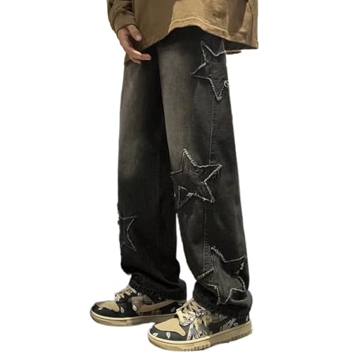 Mens Star Jeans Y2k Mid Waist Wide Leg Streetwear Hip Hop Jeans Baggy Embroidery Aesthetic Skater Denim Pants