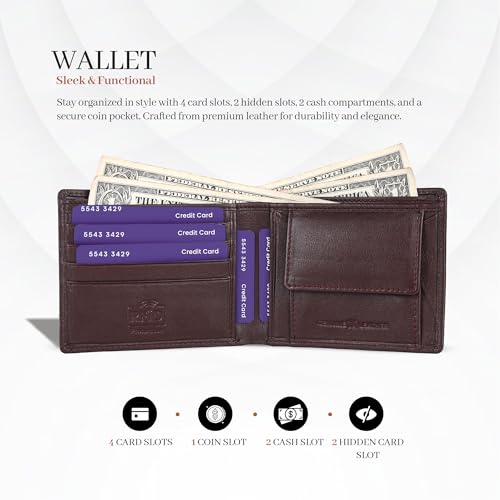 Image of Men Wallet and Belt Combo for Mens Gift - Genuine Leather 4 Card Slots RFID Brown Wallets for Man with Belts for Men Leather Original - Birthday, Diwali Gift for Man