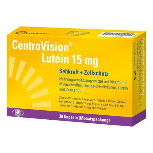 CentroVision Lutein 15 mg – Zur Erhaltung der normalen Sehkraft, Nahrungsergänzungsmittel mit Vitamin C, Vitamin E, Vitamin B2, Zink, Kupfer, Omega-3-Fettsäuren, Lutein und Zeaxanthin, 30 St.