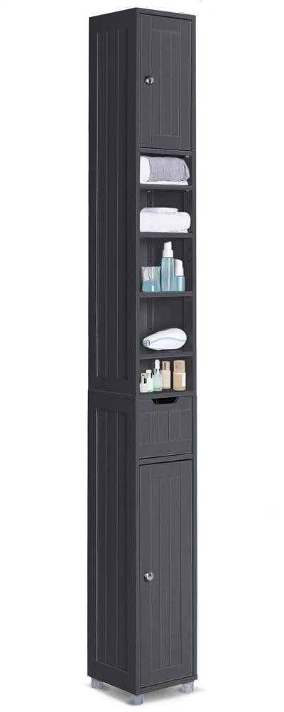 VOUNOT Armario para Baño Alto Mueble Columna de Baño, Estanterías con 2 Puertas y 1 Cajón, Estantes Ajustables Espacio Abierto, Mueble Auxiliar de Almacenaje para Salón Dormitorio, 20x20x180cm, Negro