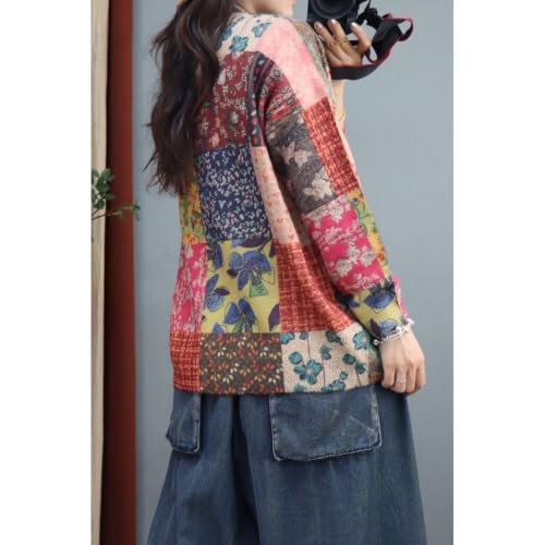 Image of TBUS Women's V Neck Oversized Cat Print Cardigan, Boho Patchwork Knit Sweater Long Sleeve Button Front with Pockets