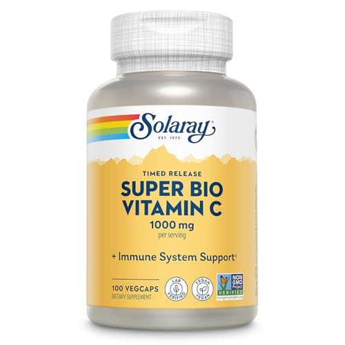SOLARAY Super Bio Buffered Vitamin C 1000mg, Two-Stage, Timed Release Vitamin C with Bioflavonoids, Immune Support Supplement - High Absorption, Vegan, 60 Day Guarantee, 50 Servings, 100 VegCaps