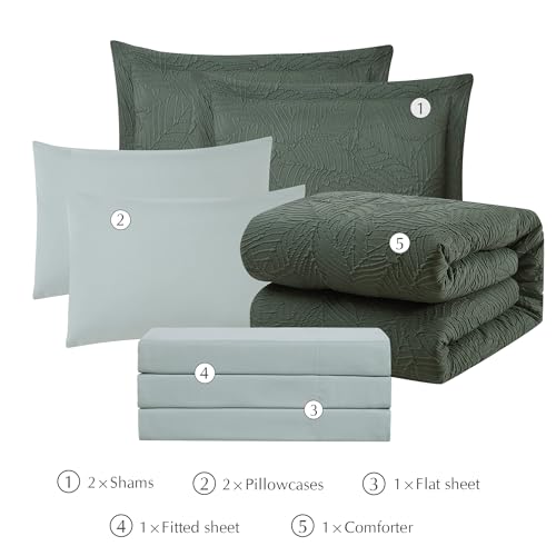 Image of Geniospin Full Size Comforter Set - 7 Pieces Dark Green Bedding Set, Botanical Textured Comforter Bed Set, All Season Lightweight Bed in a Bag with Comforter, Sheets, Pillowcases & Shams