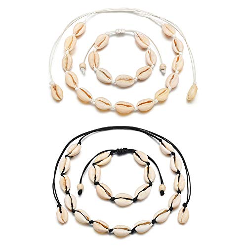 Huture 4pcs Naturel Collier Tour de Cou en Coquille de cauris avec Perle réglable à la Main Cordon ajusté Choker de Coquillages Collier Ensemble Bijoux Cadeau Dames pour Les Vacances d'été,Noir/Blanc Cover