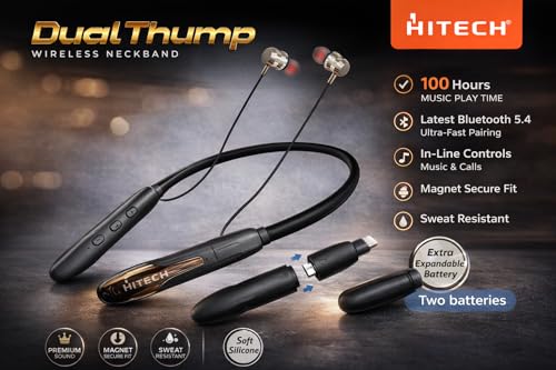 Image of HITECH Dual Thump Wireless Neckband, Bluetooth 5.4, 100 Hours Music Playtime, 3000 Hours Standby, Heavy Bass, Soft Silicone