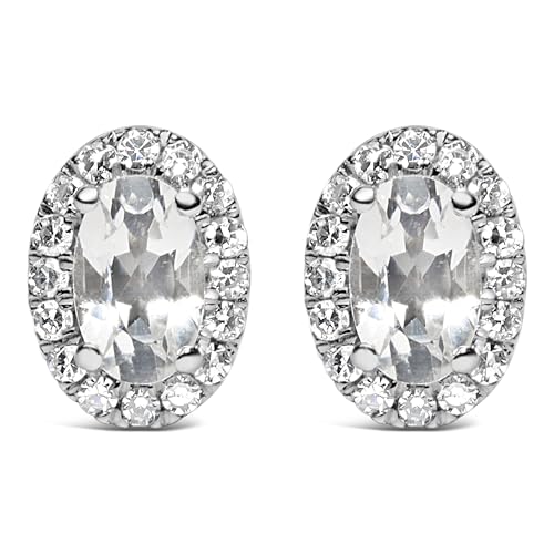 10K White Gold 5x3 MM Oval White Topaz and Diamond Halo Stud Earrings (I-J Color, I1-I2 Clarity)