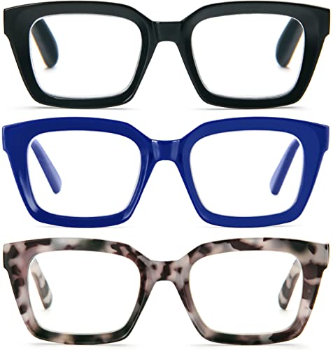 Image of REAVEE 3 Pack Oversized Reading Glasses for Women Men Blue Light Blocking, Ladies Stylish RetroSquare Large Computer Readers (Black Blue Grey Leopard 1.25x)