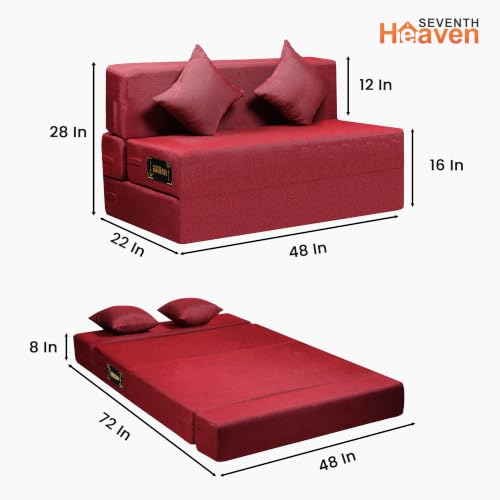 Image of Seventh Heaven 2 Seater 6 * 4 Jute Fabric Washable Cover Sofa Cum Bed with 2 Cushions 2 Seater Double Foam Fold Out Sofa Cum Bed (Finish Color - Maroon Delivery Condition - Pre-Assembled)