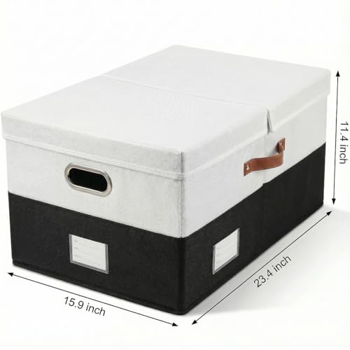 Image of PRANDOM Storage Bins with Lids [3-Pack] Linen Fabric Foldable Storage Boxes Organizer Containers Baskets Cube with Cover for Bedroom Closet Office Grey&Black (23.4X15.9X11.4)