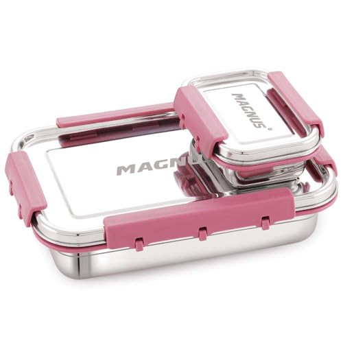 Image of Magnus Dixie Stainless Steel Lunch Box - Airtight & Leak Proof Tiffin, 2 Containers (800ml & 200ml), Ideal Lunch Box for Kids, Lunch Boxes for Office Men, Women & Picnic, Pink