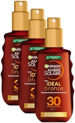 Garnier Ambre Solaire Ideal Bronze Protective Oil Sun Cream Spray SPF30, High Sun Protection Factor 30, Shea Butter, Water Resistant & Non Greasy Sunscreen, UVA & UVB Protection, 150ml (Pack of 3)