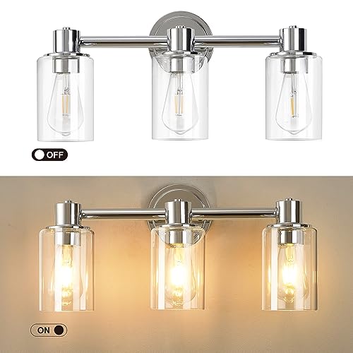 Image of 3 Light Bathroom Wall Light Fixtures Chrome Bathroom Wall Sconce with Clear Glass Lights Over Mirror Vanity Lights E26 Base