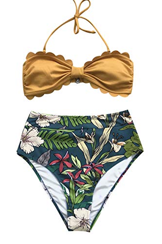 Preisvergleich Produktbild CUPSHE Gelb und Blumentropisch Druck High Waist Bikini, Mehrfarbig, XXL