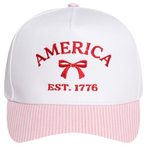 MIRMARU Patriotic America USA Embroidered 5 Panel Cotton Two Tone Trucker Hat for Men and Women. (US Alpha One Size Stripe Brim-America EST.1776 with Bow Pink)
