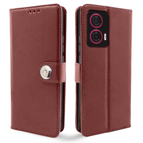 Image of Pikkme Motorola Moto Edge 50 Fusion 5G / Motorola Moto G96 5G Flip Cover Leather Finish | Inside TPU with Card Pockets | Wallet Stand and Shock Proof | Complete Protection Button Flip Case (Brown)