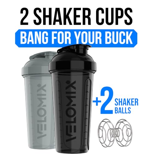 Image of VELOMIX 2 Pack 28oz Protein Shaker Bottle for Protein Mixes (Black /Grey)