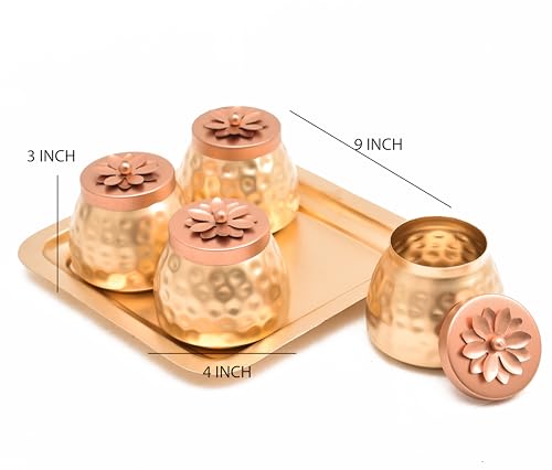 Image of Sanvatsar Square Shape Metal Basket with Jar Tray 4 Copper Flower Container Dry Fruits Chocolate Sweets Candys Gifts Set for Office, Home Decor Table Decoration Item (Pack of 4 Tray Plain)