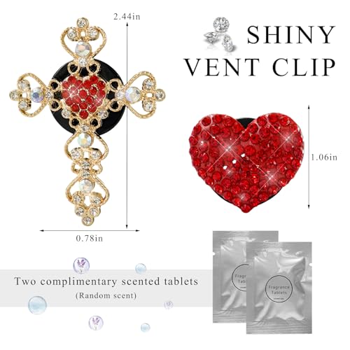 Image of 2 PCS Bling Car Vent Clip, Crystal Rhinestone Cross and Heart Car Air Fresheners Vent Clips, Diamond Car Air Conditioner Outlet Decoration Charm for Women, Car Accessories (Red)
