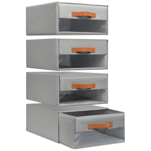 DIMJ Foldable Fabric Closet Organisers - Stackable Drawer Bins with Clear Window, Grey Storage Set (6-Pack) for Clothes and Home Organization