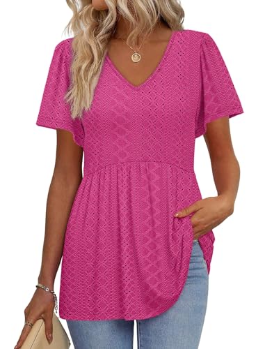 Image of OFEEFAN Womens Summer Tops Babydoll Short Sleeve Shirts Puff Sleeve Peplum Tops V Neck T Shirts