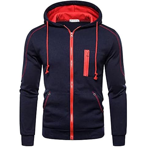 Lu's Chic Men's Fashion Hoodies & Sweatshirts with Hood Cool Slim Fit Hoodie Full Zip Up Aesthetic Designer Trendy Workout 2021 Fall Hoody Jacket Streetwear Zipper Sweatshirt Navy Small Cover