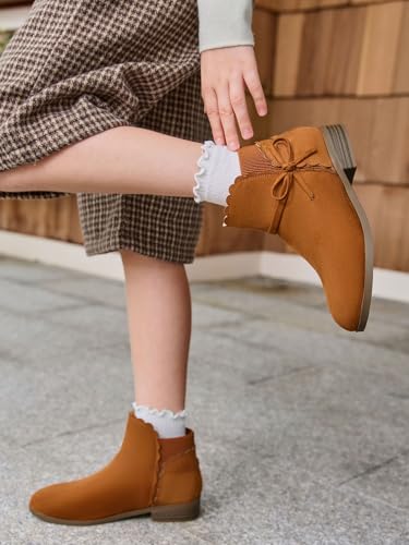 Coutgo Girls Toddler Bow Ankle Boots Pull On Low Chunky Heel Fall Dress Booties Shoes2