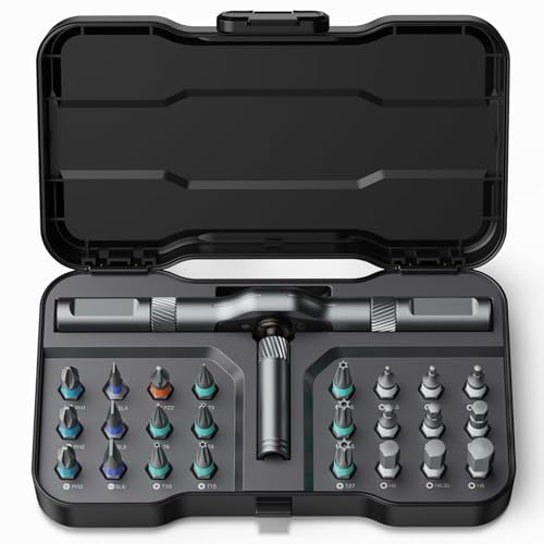 Image of 24 in 1 T Shape Ratchet Screwdriver Set with S2 Steel Magnetic Bits, Aluminum T Handle, Portable Repair Tool Kit for Electronics, Laptop, Bike, Furniture & Home DIY