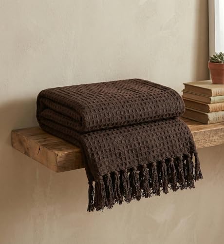 Image of Furnistitchs Bohemian Cotton Sofa Throw Blanket 50x60 inches | Waffle Knit & Chevron Pattern with Fringes | Aesthetic Decorative Couch Throw for Living Room & Bedroom (Coffee)
