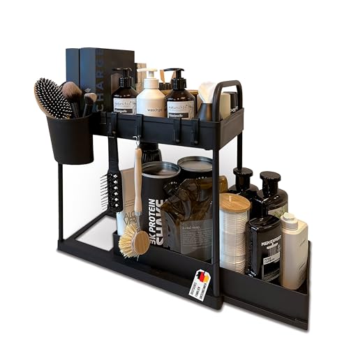 WABUFIX Küchen Organizer, Unter Waschbecken Regal, 2 Etagen, 4 Haken, 2 Becher, 4 Trennblätter,...