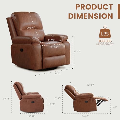 Image of Leather Swivel Rocker Recliner Chair Set of 2, Traditional Manual Chair, Upholstered Nursery Glider Rocking Recliner, Faux Leather Single Sofa with Pocket Spring for Living Room, Camel