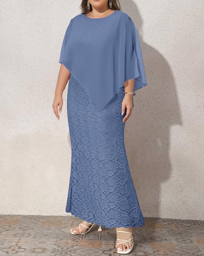 Image of Women's Plus Size Cape Dress with Chiffon Overlay Gown Formal Evening Lace Long Mermaid Dresses 2024