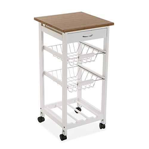 Versa 21810005 Carro verdulero de Cocina en Color Blanco con Ruedas, 2 estantes, botellero y un cajón, encimera de Madera, 76 x 37 x 37 cm