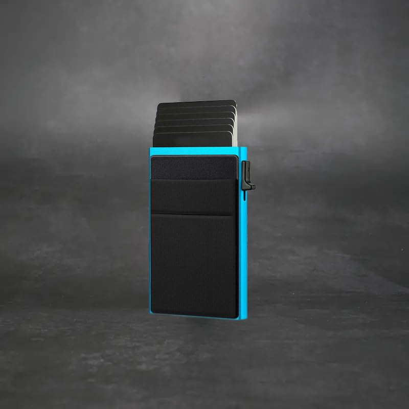 Small Slim Wallet Alloy Business Card Holder for Men, Pop Up Minimalist Metal Card Credit Wallet, RFID Blocking (Blue)