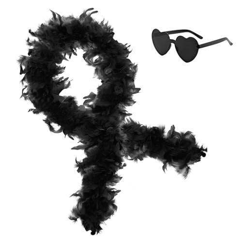 2Pcs Colorful Fancy Dress Feather Boa Set 6.6ft Feather Boa with Heart Rimless Sunglasses for Women Artificial Fluffy Boa Decorations wit for Dancing Wedding Party Cosplay Halloween (Black)